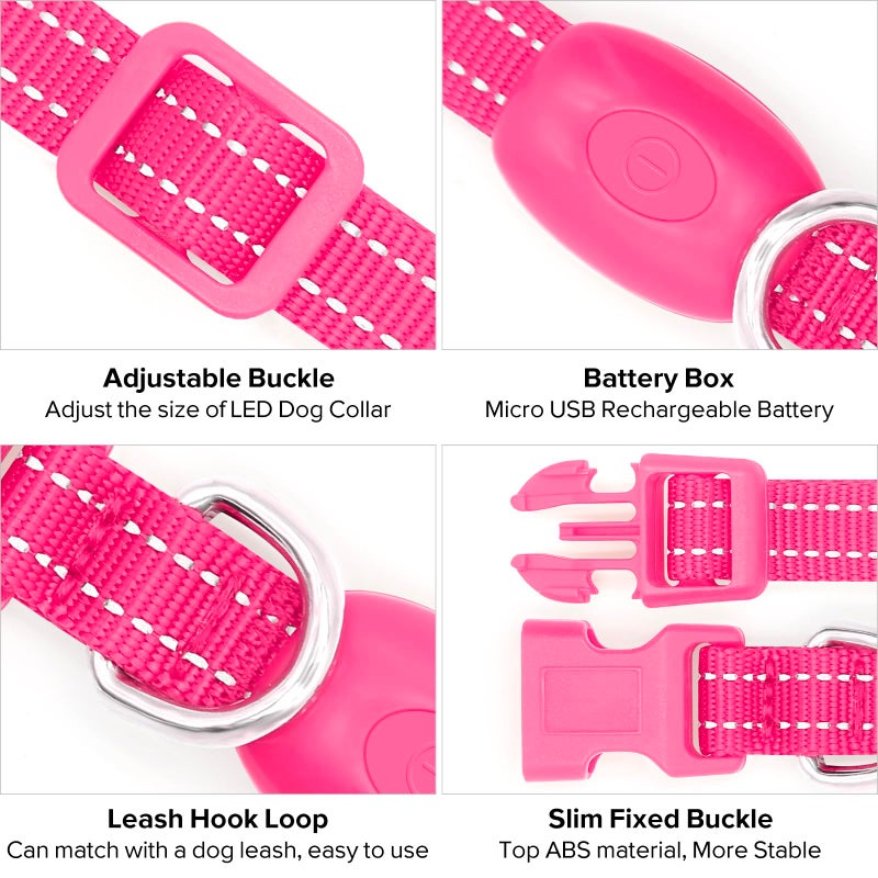 BSEEN Light Up Dog Collar, Rechargeable LED Dog Collar Glow in The Dark Cat Collar Reflective Puppy Collar Safety Dog Lights for Night Walking (Pink, XS) - Image 2